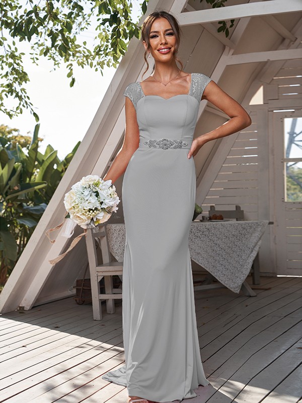 Sheath/Column Jersey Rhinestone Square Sleeveless Sweep/Brush Train Bridesmaid Dresses 2957