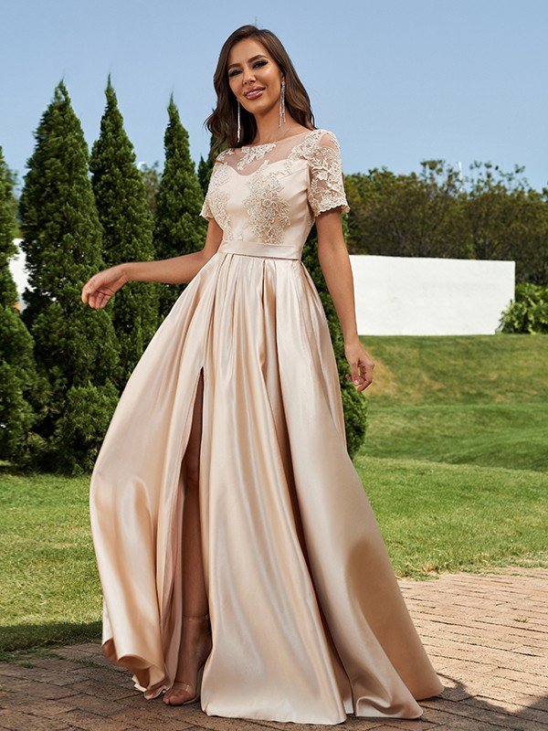 A-Line/Princess Satin Applique Scoop Short Sleeves Floor-Length Bridesmaid Dresses 2428