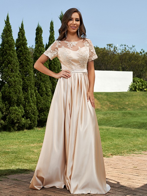 A-Line/Princess Satin Applique Scoop Short Sleeves Floor-Length Bridesmaid Dresses 2428