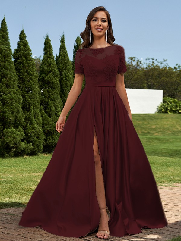 A-Line/Princess Satin Applique Scoop Short Sleeves Floor-Length Bridesmaid Dresses 2428