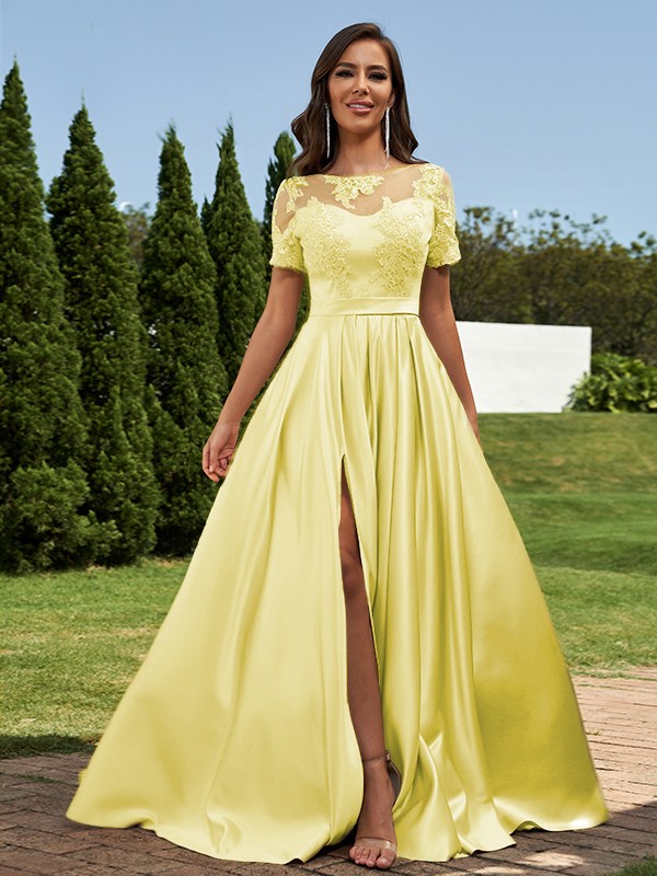 A-Line/Princess Satin Applique Scoop Short Sleeves Floor-Length Bridesmaid Dresses 2428