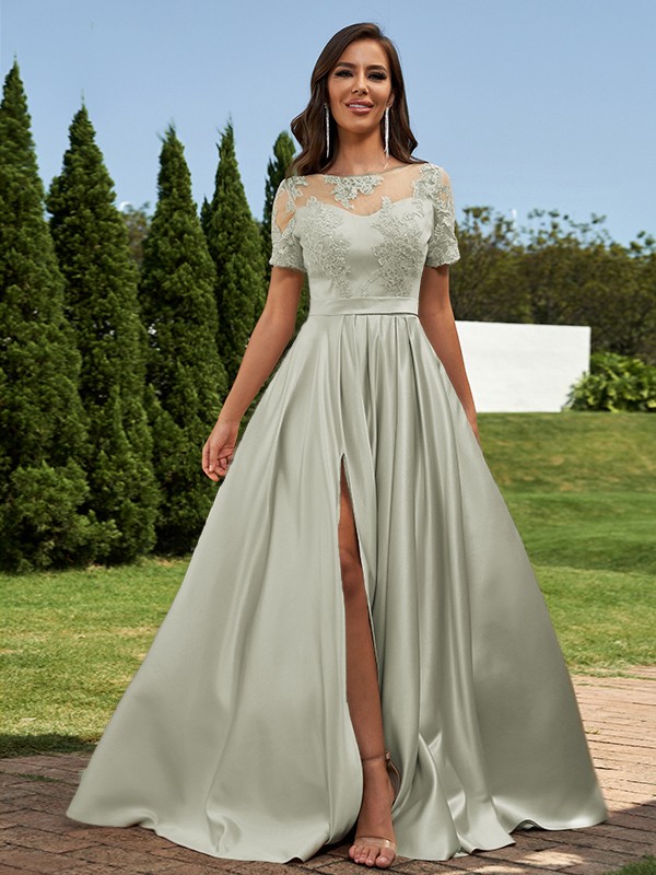 A-Line/Princess Satin Applique Scoop Short Sleeves Floor-Length Bridesmaid Dresses 2428