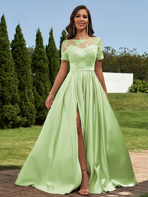 A-Line/Princess Satin Applique Scoop Short Sleeves Floor-Length Bridesmaid Dresses 2428