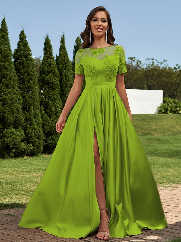 A-Line/Princess Satin Applique Scoop Short Sleeves Floor-Length Bridesmaid Dresses 2428