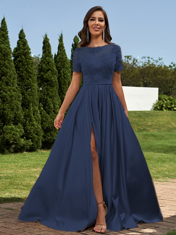 A-Line/Princess Satin Applique Scoop Short Sleeves Floor-Length Bridesmaid Dresses 2428