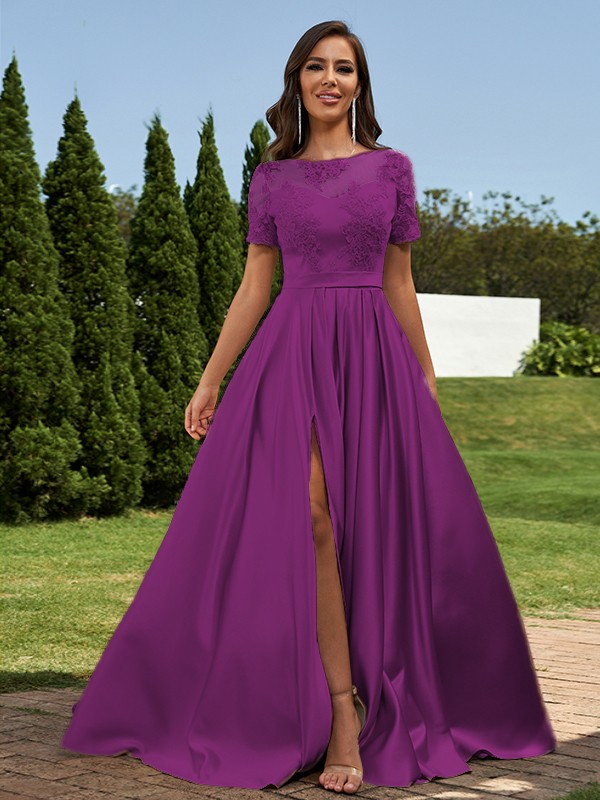 A-Line/Princess Satin Applique Scoop Short Sleeves Floor-Length Bridesmaid Dresses 2428