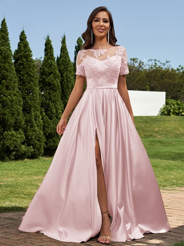 A-Line/Princess Satin Applique Scoop Short Sleeves Floor-Length Bridesmaid Dresses 2428