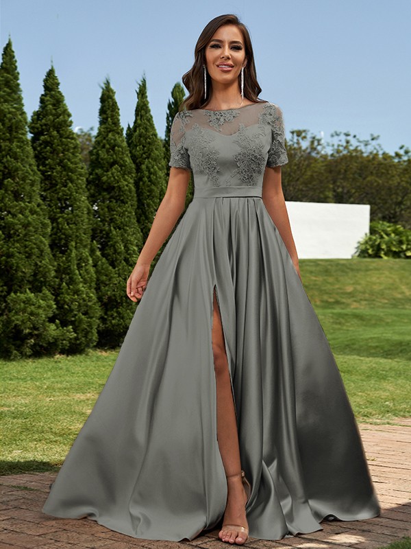 A-Line/Princess Satin Applique Scoop Short Sleeves Floor-Length Bridesmaid Dresses 2428