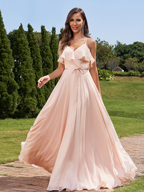 A-Line/Princess Chiffon Sash/Ribbon/Belt V-Neck Sleeveless Floor-Length Bridesmaid Dresses 2249