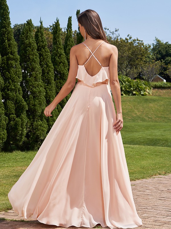 A-Line/Princess Chiffon Sash/Ribbon/Belt V-Neck Sleeveless Floor-Length Bridesmaid Dresses 2249