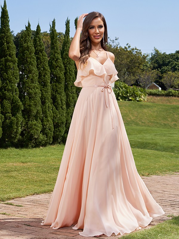 A-Line/Princess Chiffon Sash/Ribbon/Belt V-Neck Sleeveless Floor-Length Bridesmaid Dresses 2249