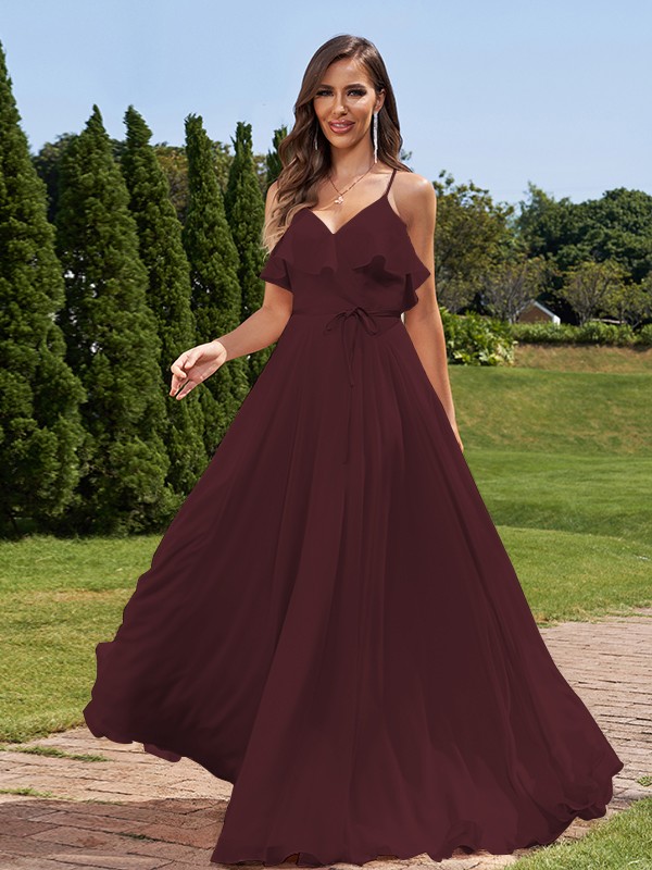 A-Line/Princess Chiffon Sash/Ribbon/Belt V-Neck Sleeveless Floor-Length Bridesmaid Dresses 2249