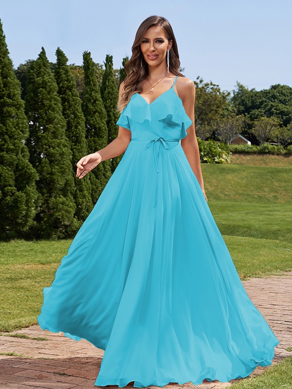 A-Line/Princess Chiffon Sash/Ribbon/Belt V-Neck Sleeveless Floor-Length Bridesmaid Dresses 2249