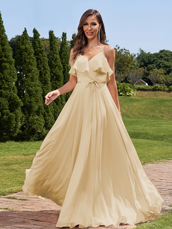 A-Line/Princess Chiffon Sash/Ribbon/Belt V-Neck Sleeveless Floor-Length Bridesmaid Dresses 2249