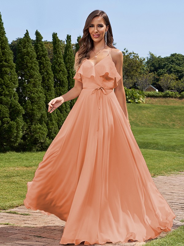 A-Line/Princess Chiffon Sash/Ribbon/Belt V-Neck Sleeveless Floor-Length Bridesmaid Dresses 2249