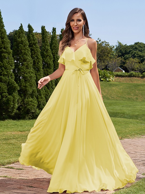 A-Line/Princess Chiffon Sash/Ribbon/Belt V-Neck Sleeveless Floor-Length Bridesmaid Dresses 2249