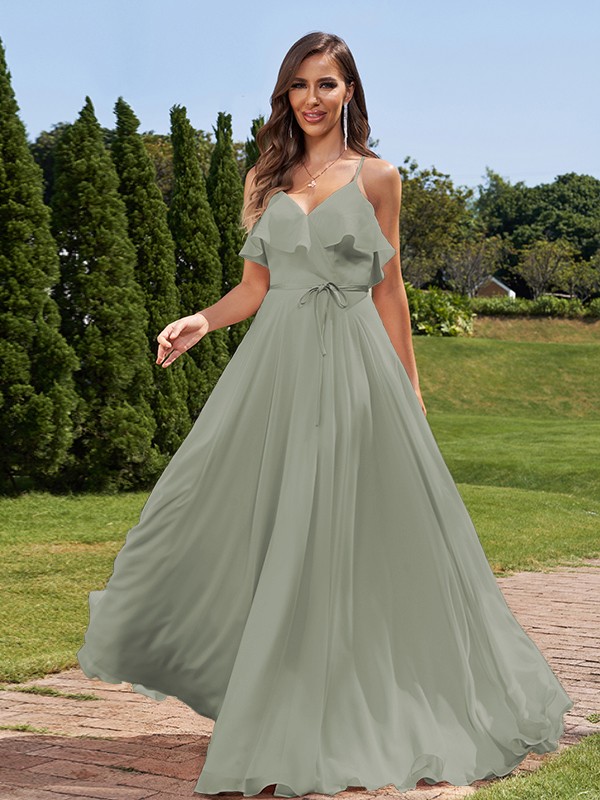 A-Line/Princess Chiffon Sash/Ribbon/Belt V-Neck Sleeveless Floor-Length Bridesmaid Dresses 2249