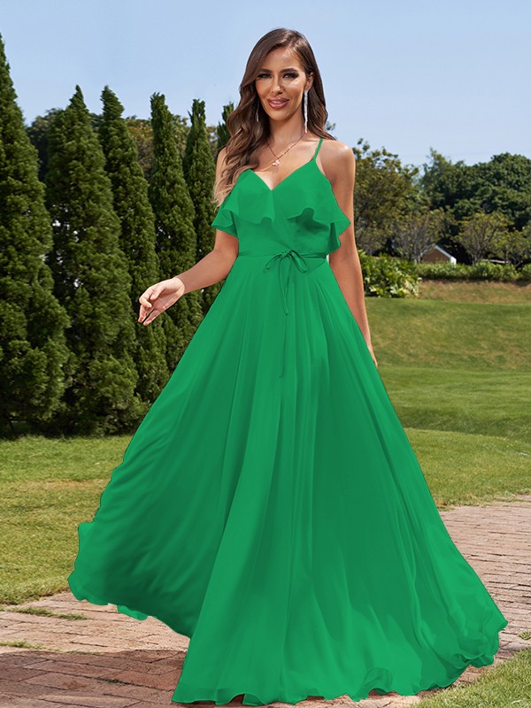 A-Line/Princess Chiffon Sash/Ribbon/Belt V-Neck Sleeveless Floor-Length Bridesmaid Dresses 2249