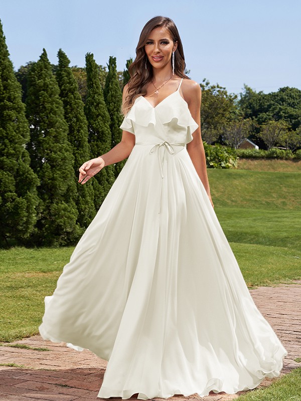 A-Line/Princess Chiffon Sash/Ribbon/Belt V-Neck Sleeveless Floor-Length Bridesmaid Dresses 2249