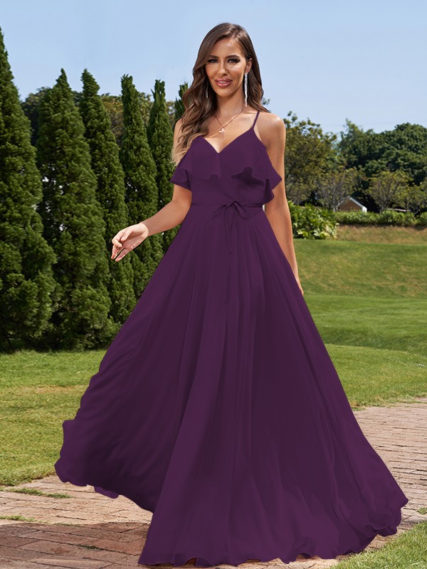 A-Line/Princess Chiffon Sash/Ribbon/Belt V-Neck Sleeveless Floor-Length Bridesmaid Dresses 2249