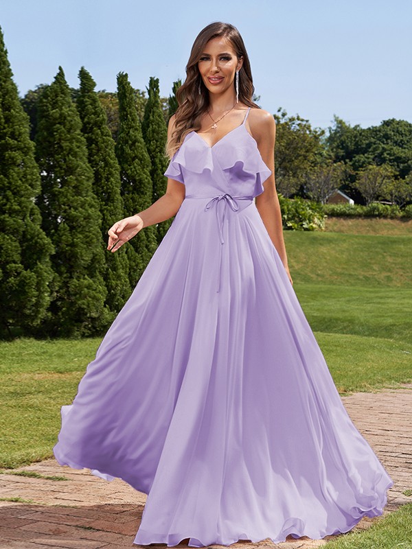 A-Line/Princess Chiffon Sash/Ribbon/Belt V-Neck Sleeveless Floor-Length Bridesmaid Dresses 2249