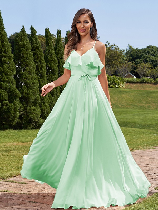 A-Line/Princess Chiffon Sash/Ribbon/Belt V-Neck Sleeveless Floor-Length Bridesmaid Dresses 2249