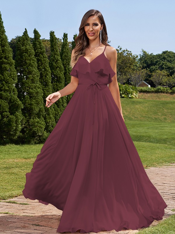 A-Line/Princess Chiffon Sash/Ribbon/Belt V-Neck Sleeveless Floor-Length Bridesmaid Dresses 2249