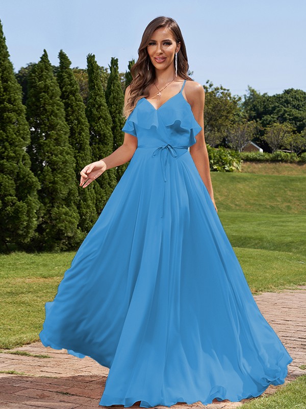 A-Line/Princess Chiffon Sash/Ribbon/Belt V-Neck Sleeveless Floor-Length Bridesmaid Dresses 2249