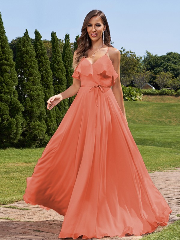 A-Line/Princess Chiffon Sash/Ribbon/Belt V-Neck Sleeveless Floor-Length Bridesmaid Dresses 2249