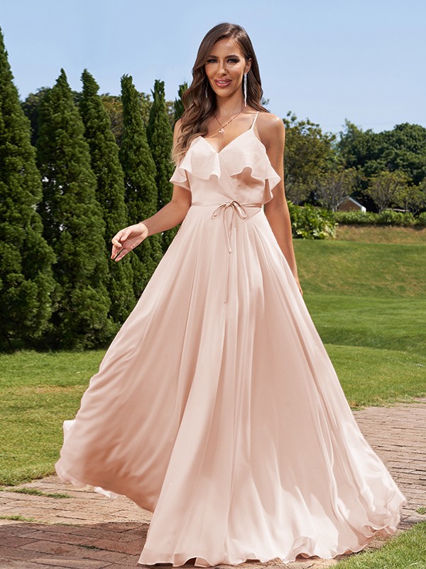 A-Line/Princess Chiffon Sash/Ribbon/Belt V-Neck Sleeveless Floor-Length Bridesmaid Dresses 2249