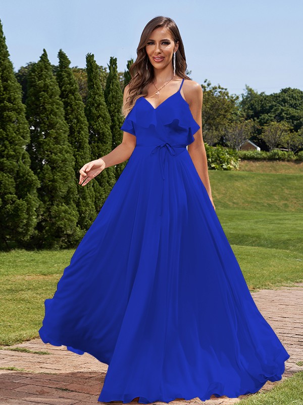 A-Line/Princess Chiffon Sash/Ribbon/Belt V-Neck Sleeveless Floor-Length Bridesmaid Dresses 2249