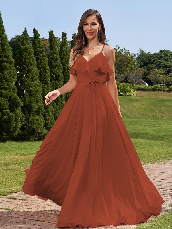 A-Line/Princess Chiffon Sash/Ribbon/Belt V-Neck Sleeveless Floor-Length Bridesmaid Dresses 2249