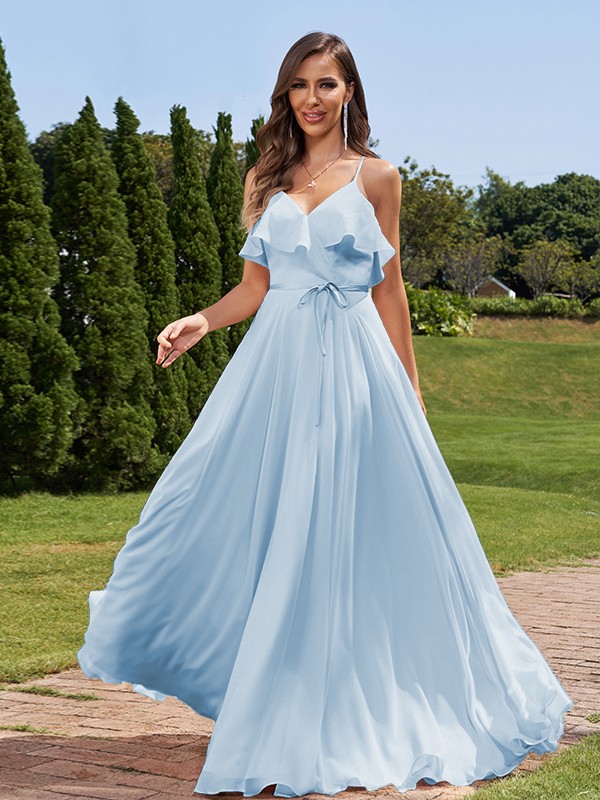 A-Line/Princess Chiffon Sash/Ribbon/Belt V-Neck Sleeveless Floor-Length Bridesmaid Dresses 2249