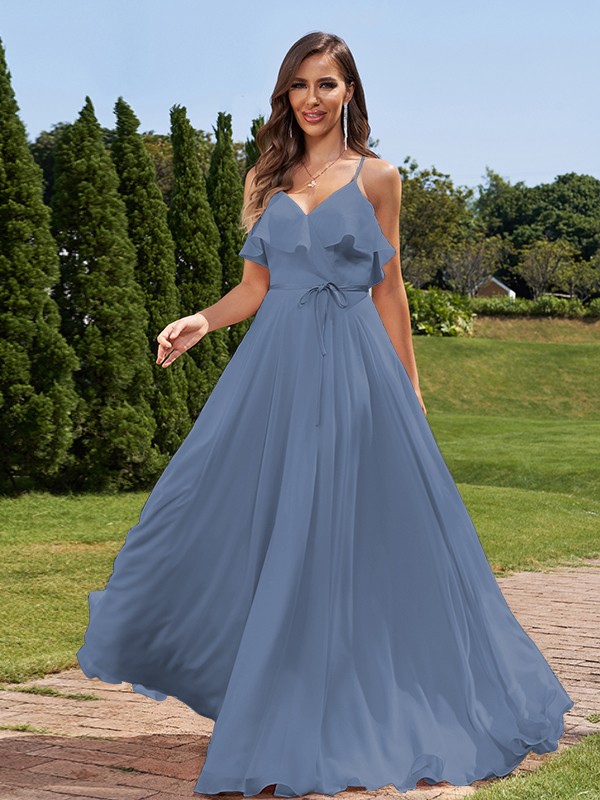 A-Line/Princess Chiffon Sash/Ribbon/Belt V-Neck Sleeveless Floor-Length Bridesmaid Dresses 2249