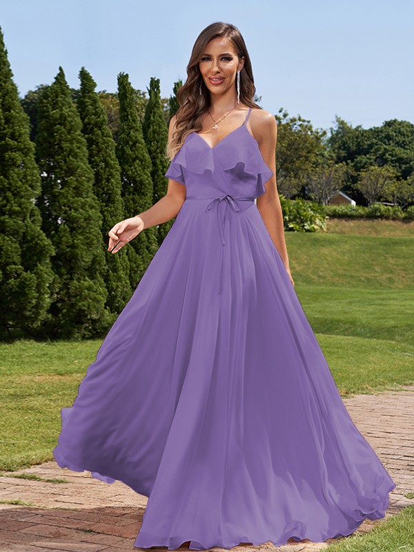 A-Line/Princess Chiffon Sash/Ribbon/Belt V-Neck Sleeveless Floor-Length Bridesmaid Dresses 2249