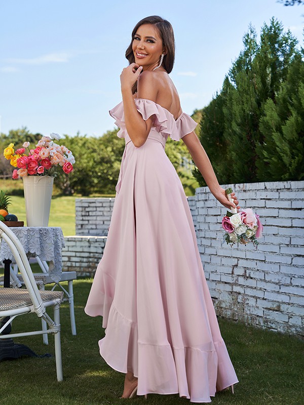 A-Line/Princess Chiffon Ruffles Off-The-Shoulder Sleeveless Asymmetrical Bridesmaid Dresses 2198