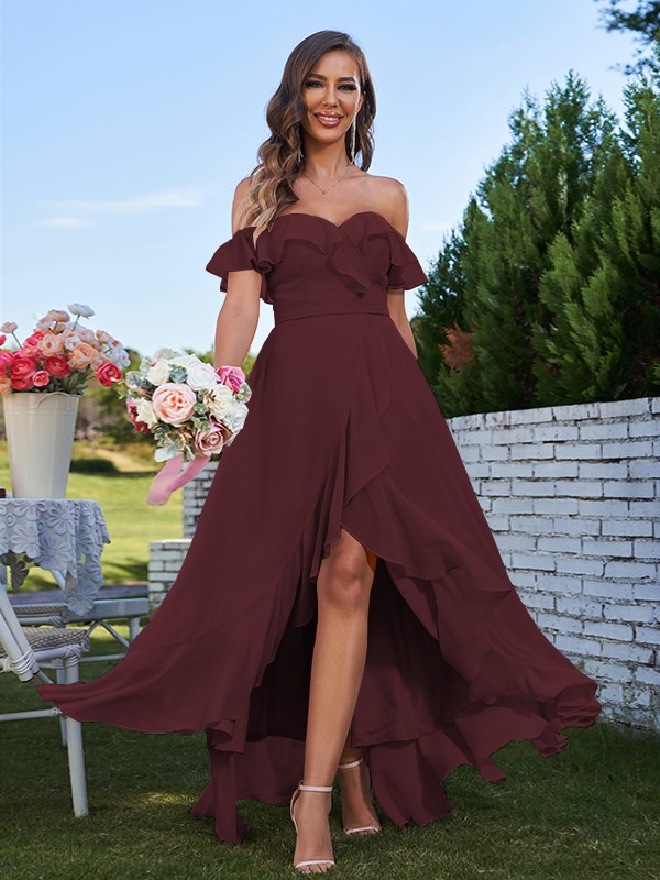 A-Line/Princess Chiffon Ruffles Off-The-Shoulder Sleeveless Asymmetrical Bridesmaid Dresses 2198