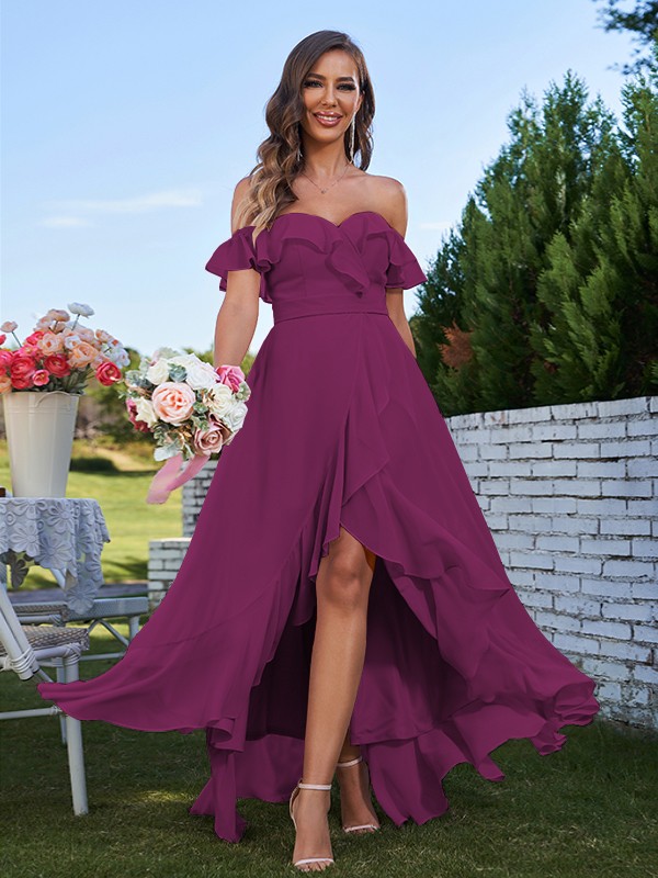 A-Line/Princess Chiffon Ruffles Off-The-Shoulder Sleeveless Asymmetrical Bridesmaid Dresses 2198