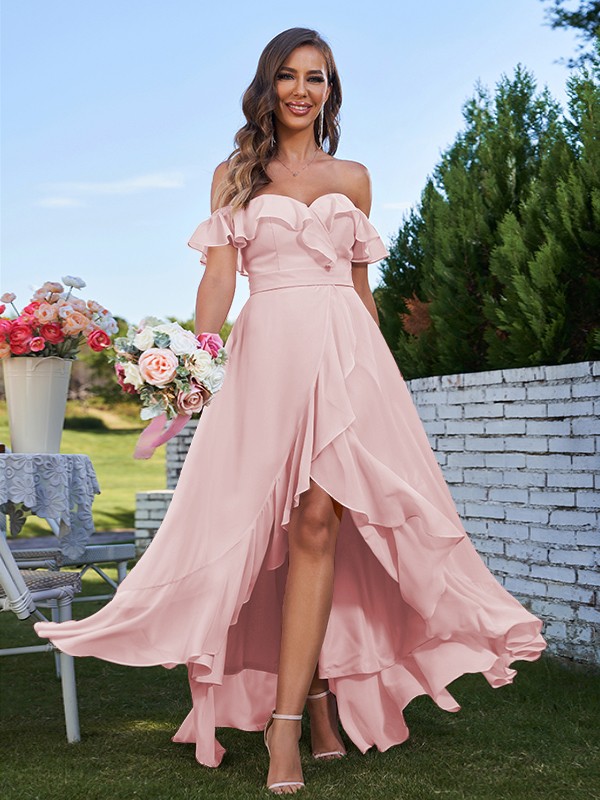 A-Line/Princess Chiffon Ruffles Off-The-Shoulder Sleeveless Asymmetrical Bridesmaid Dresses 2198