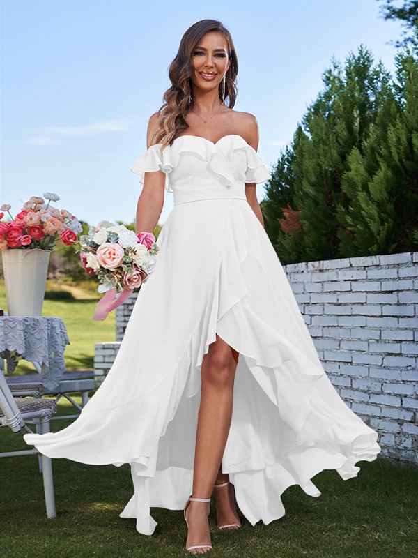 A-Line/Princess Chiffon Ruffles Off-The-Shoulder Sleeveless Asymmetrical Bridesmaid Dresses 2198