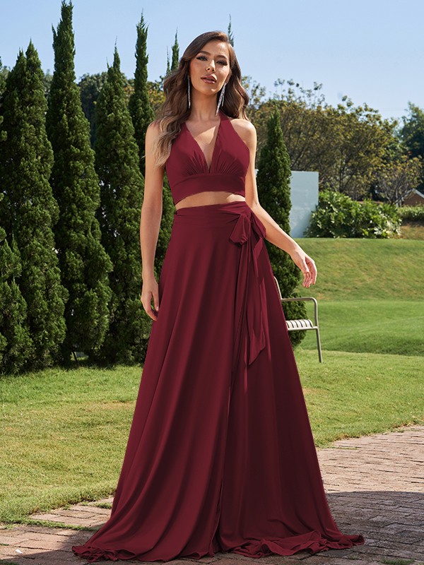 A-Line/Princess Jersey Bowknot Halter Sleeveless Sweep/Brush Train Two Piece Bridesmaid Dresses 2318