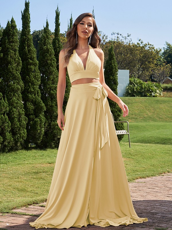 A-Line/Princess Jersey Bowknot Halter Sleeveless Sweep/Brush Train Two Piece Bridesmaid Dresses 2318