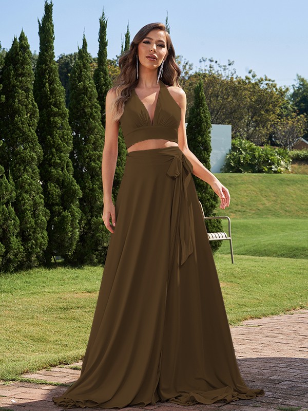 A-Line/Princess Jersey Bowknot Halter Sleeveless Sweep/Brush Train Two Piece Bridesmaid Dresses 2318