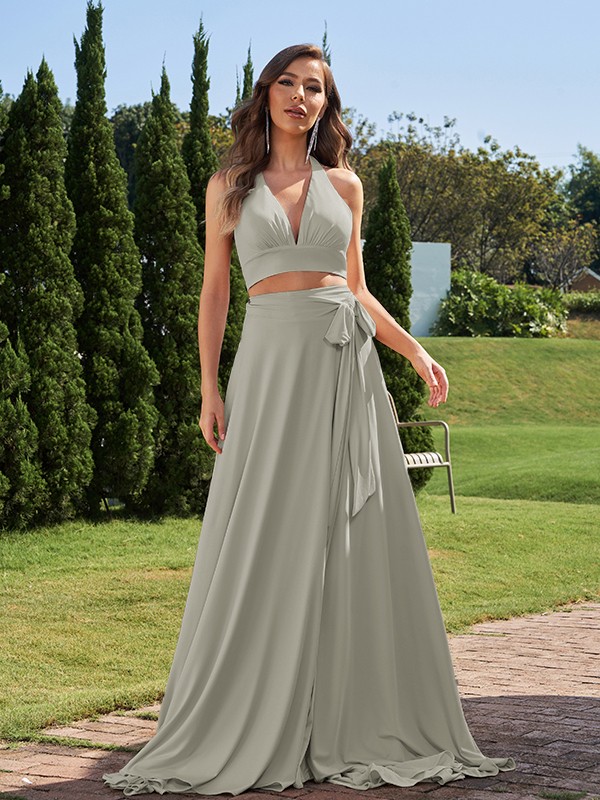 A-Line/Princess Jersey Bowknot Halter Sleeveless Sweep/Brush Train Two Piece Bridesmaid Dresses 2318