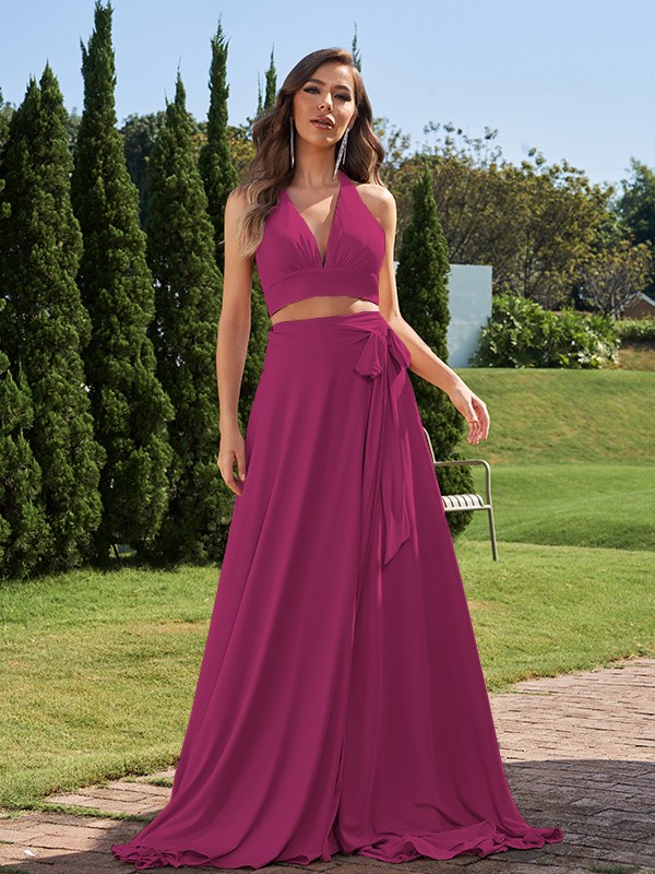 A-Line/Princess Jersey Bowknot Halter Sleeveless Sweep/Brush Train Two Piece Bridesmaid Dresses 2318