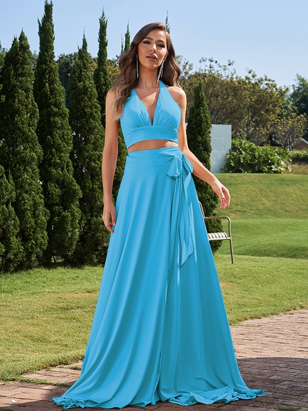 A-Line/Princess Jersey Bowknot Halter Sleeveless Sweep/Brush Train Two Piece Bridesmaid Dresses 2318