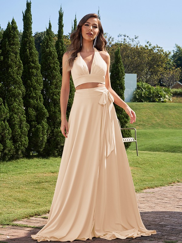 A-Line/Princess Jersey Bowknot Halter Sleeveless Sweep/Brush Train Two Piece Bridesmaid Dresses 2318