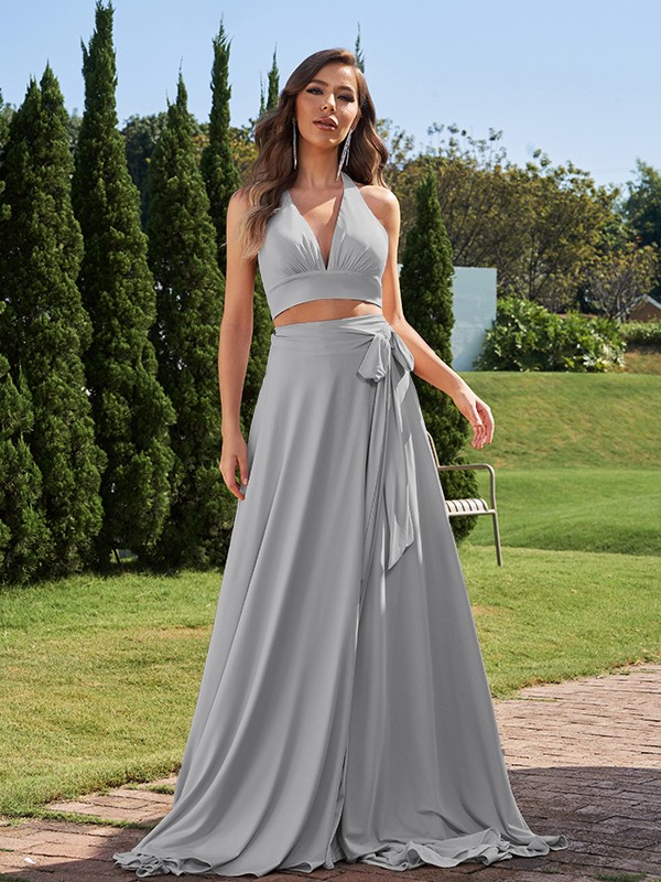 A-Line/Princess Jersey Bowknot Halter Sleeveless Sweep/Brush Train Two Piece Bridesmaid Dresses 2318