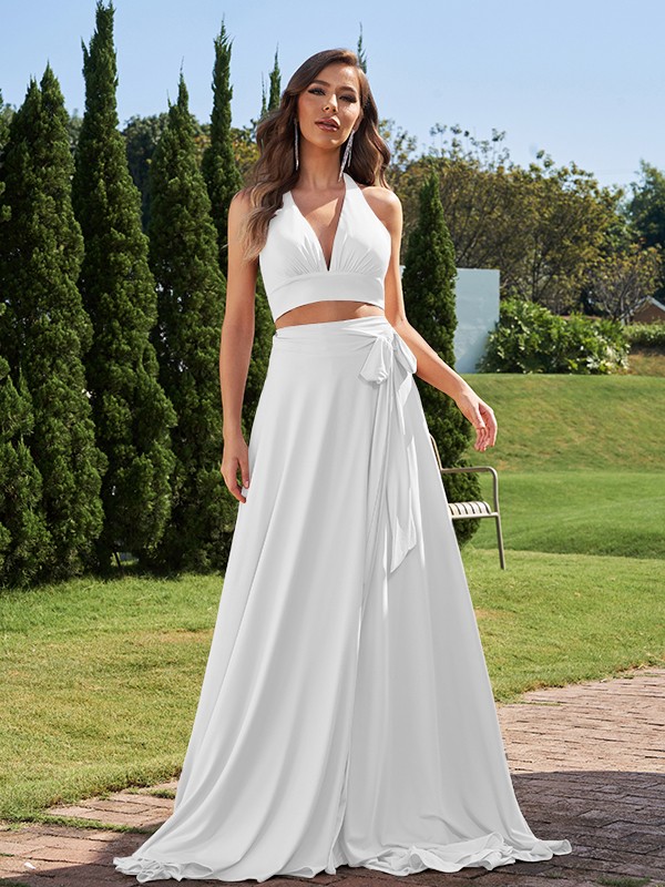 A-Line/Princess Jersey Bowknot Halter Sleeveless Sweep/Brush Train Two Piece Bridesmaid Dresses 2318