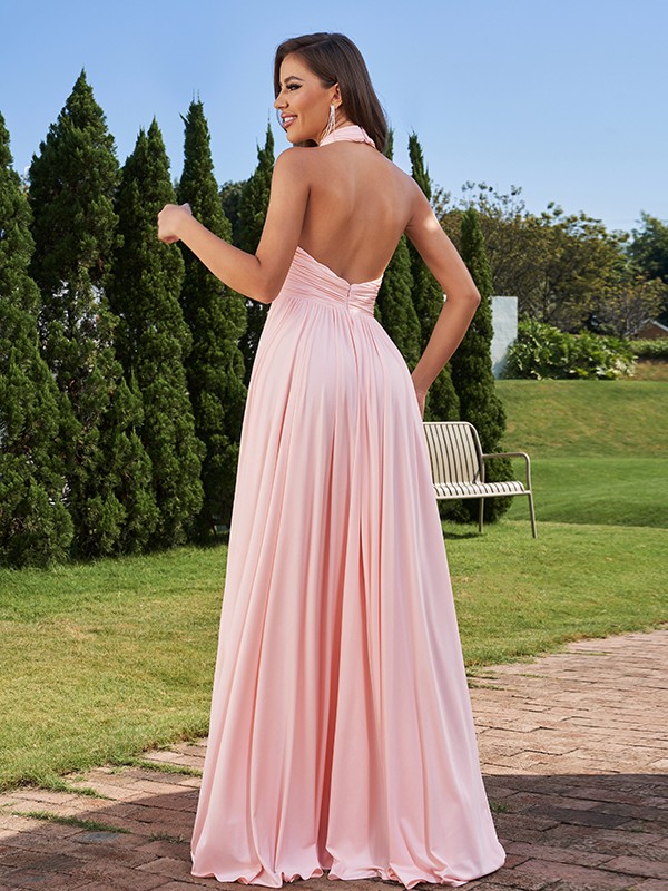 A-Line/Princess Jersey Ruched Halter Sleeveless Floor-Length Bridesmaid Dresses 2319